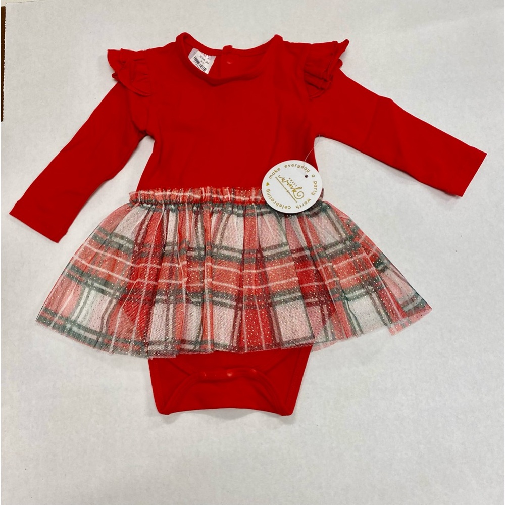 Sweet wink Christmas plaid long sleeve tutu bodysuit